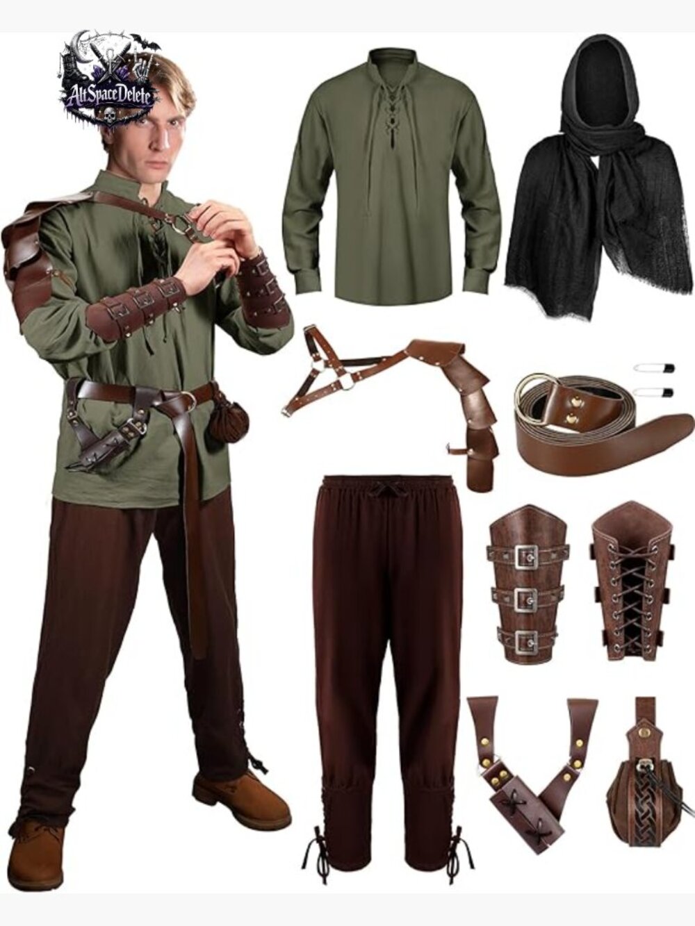 8pc Men's Renaissance Viking Costume Set Medieval Shirt Pants Cape Belt Bracers